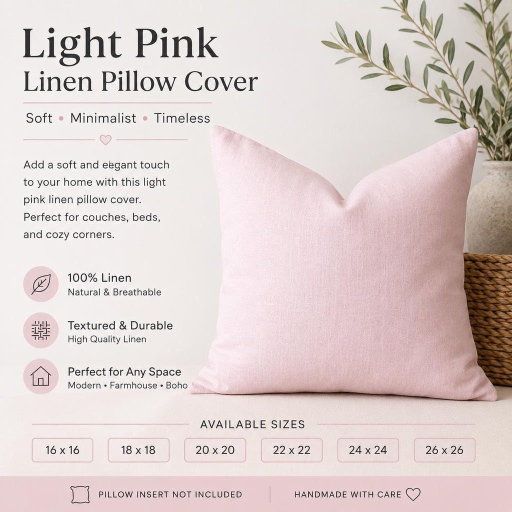 Solid Blush Pink Linen Pillow Cover | Minimalist Farmhouse Cushion Accent Pillow
