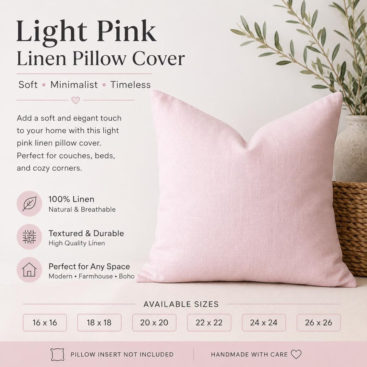 Anor Light Pink  Solid Linen Pillow Cover
