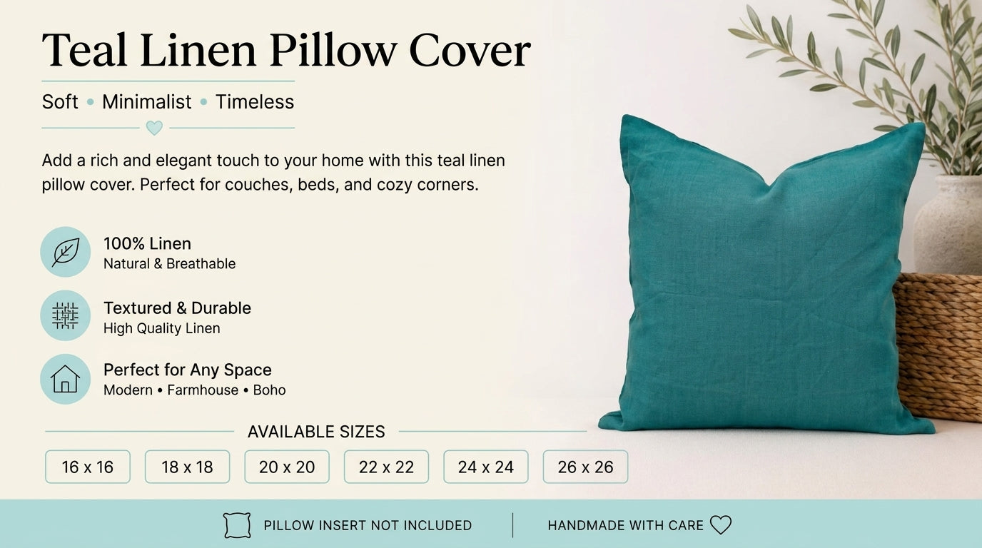 Teal linen throw pillow cover styled in a living room setting