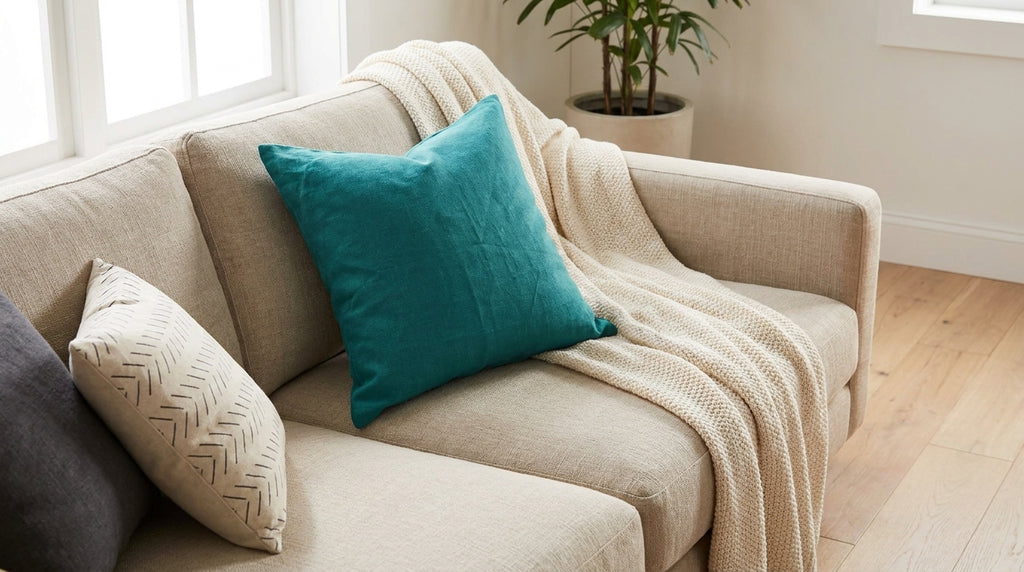 Teal linen throw pillow cover styled on a sofa corner