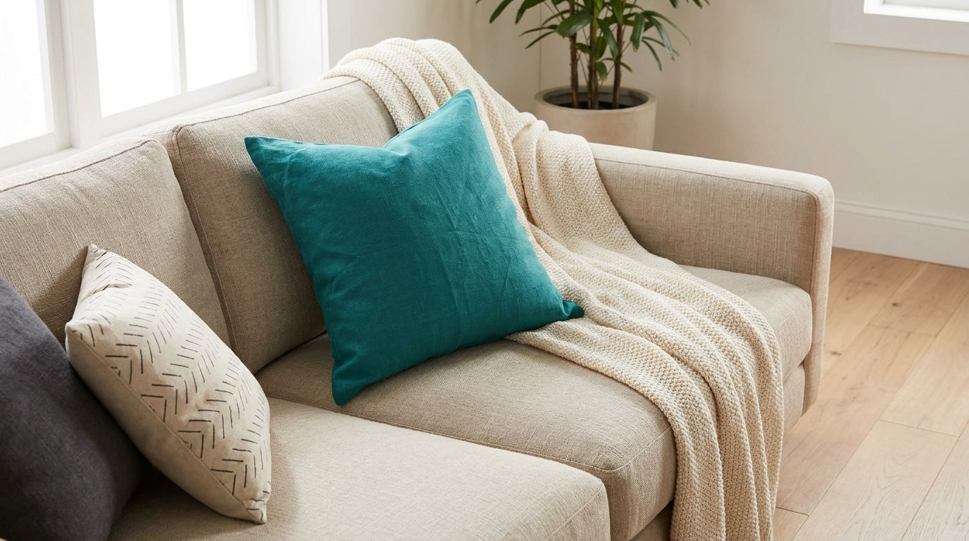 Teal linen throw pillow cover styled on a sofa corner