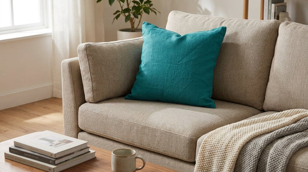 Close-up of teal linen throw pillow cover corner and stitching detail