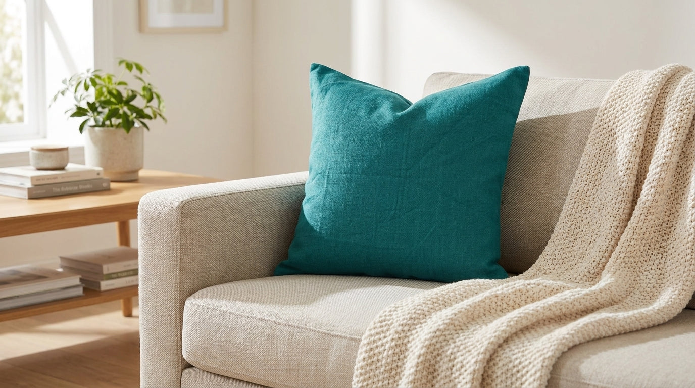 Teal linen throw pillow cover on a couch with neutral upholstery